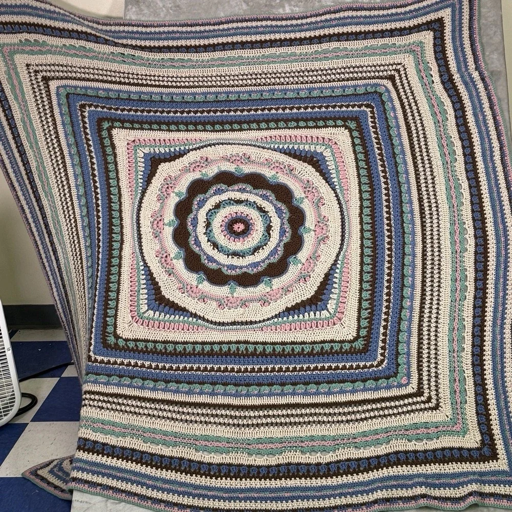 Handmade Crochet Multicolor Quilt Throw Blanket 7'x7'